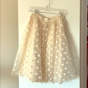 layered tulle midi skirt, sheer with polka dots